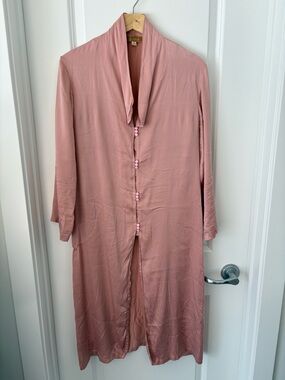 Women's Silky Dusty Rose Long Button Front Duster - 92% mulberry silk